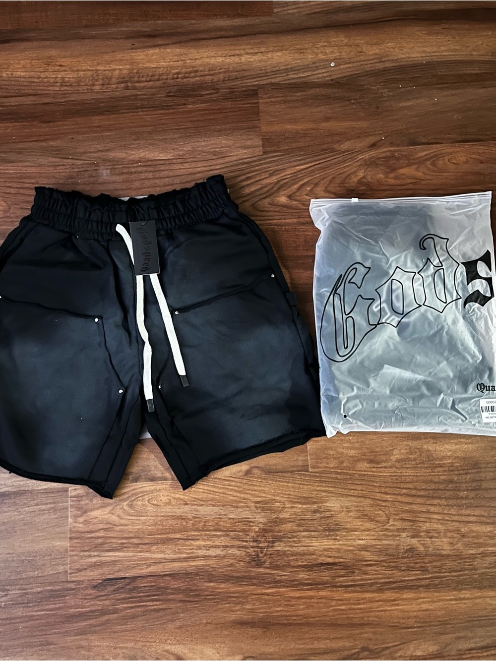 Black Godspeed Drawstring Athletic Shorts with White Drawcords